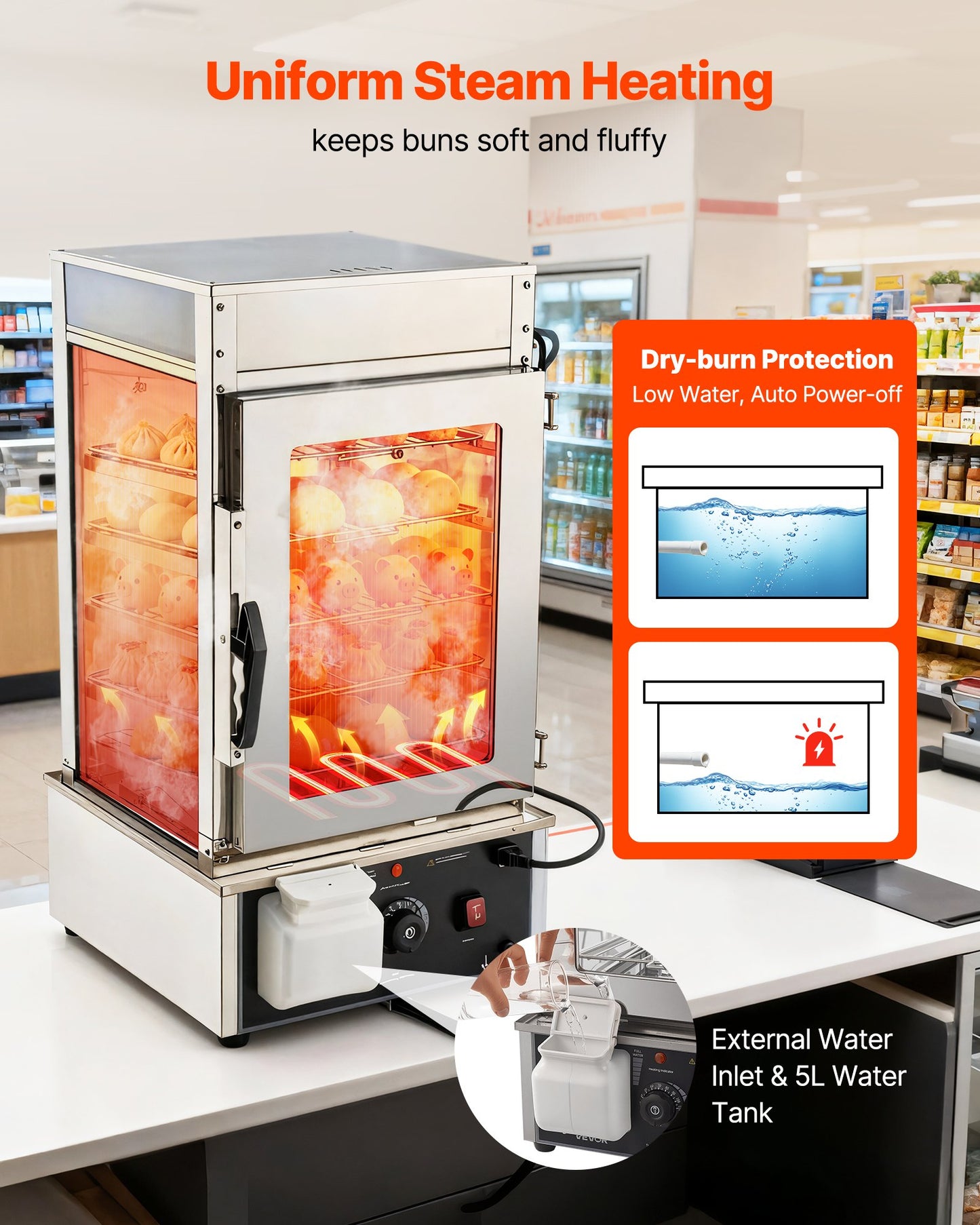 5-Tier Commercial Food Warmer Display, 1200W Food Display Warmer With LED Light, Adjustable Shelf & Stainless Steel Frame, 86℉~230℉ Steam Heating, 120L For Hamburger, Pizza, Bread, Fried Chicken