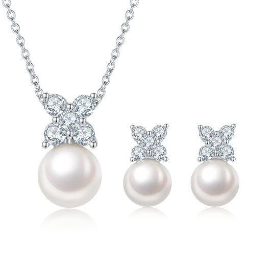 S925 Sterling Silver Natural Freshwater Pearl Necklace Earrings Set Butterfly Flower Design Platinum Plated 3.2g Gift Box