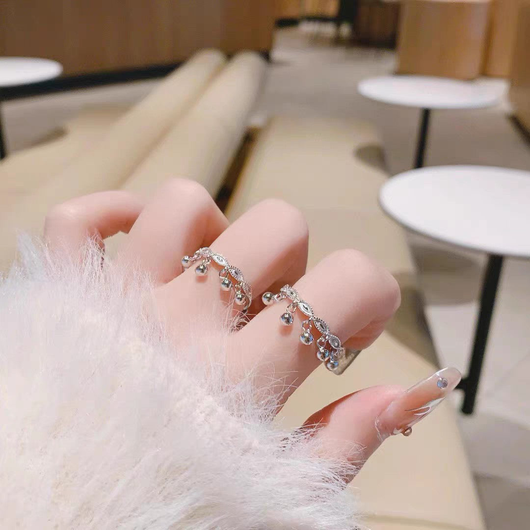 1pc 999 Sterling Silver Filigree Beaded Tassel Open Ring, Sweet & Elegant, Perfect For Daily, Dating & Gifting, Ideal Valentine's Gift