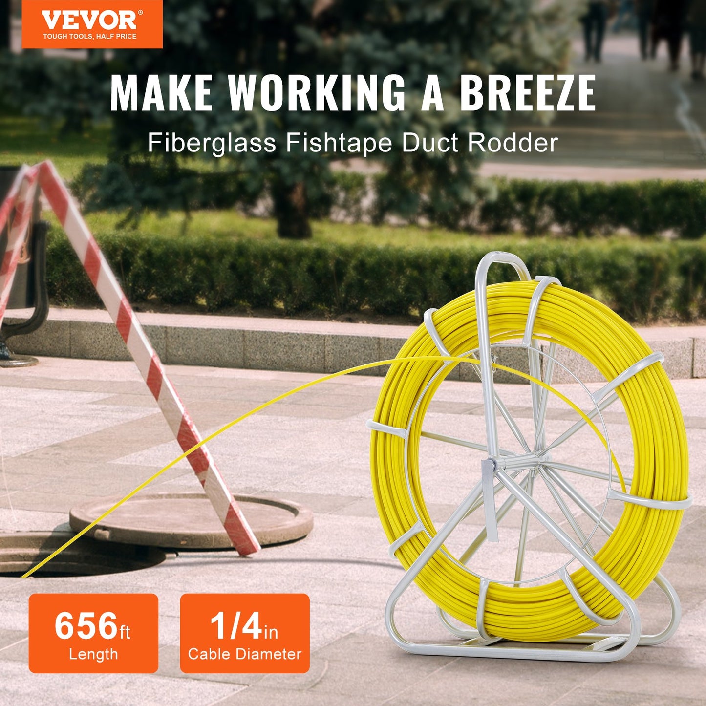 Fish Tape Fiberglass, 656 Ft, 1/4 Inch, Duct Rodder Fishtape Wire Puller, Cable Running Rod With Steel Reel Stand, 3 Pulling Heads, Fishing Tools For Walls And Electrical Conduit, Non-Conductive