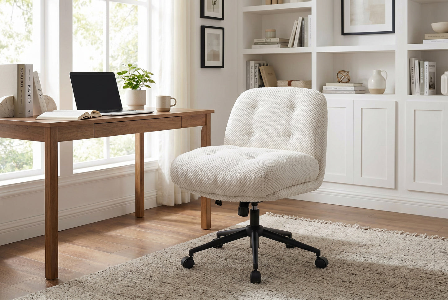 Cross Legged Office Chair No Arms, Adjustable Swivel Wider & Thickened, Ergonomic Desk Chair For Home Office, Vanity,White