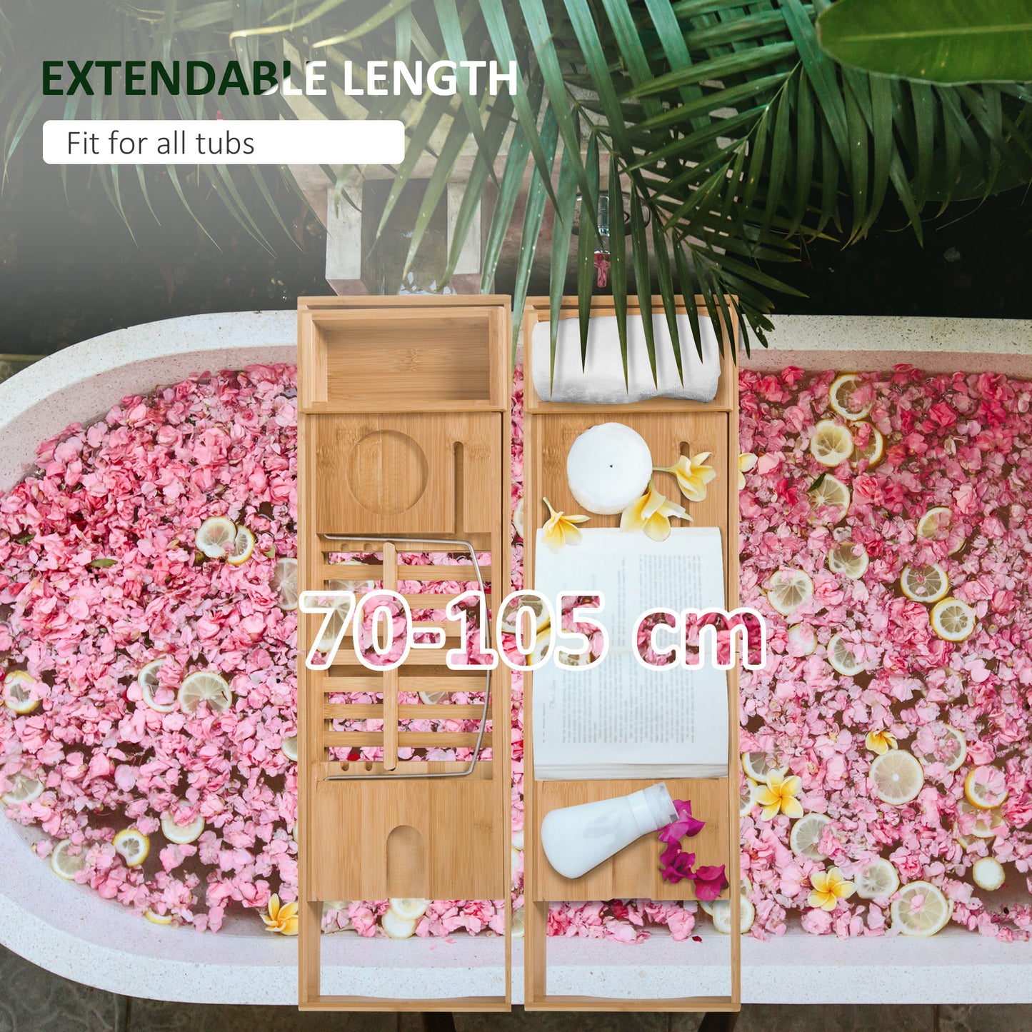 Extendable Bamboo Bathtub Shelf Rack Bath Caddy Tray Bathroom Storage, Set Of 2