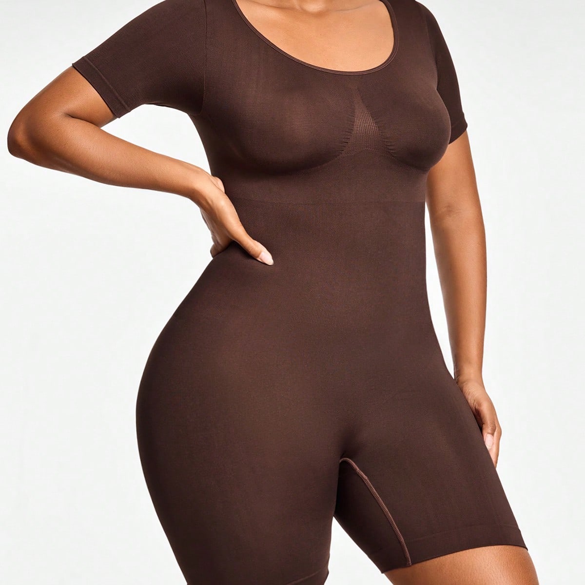 Full Body Shapewear Bodysuit With Short Sleeves Bust Lift Arm Control Tummy Waist Thigh Slimming