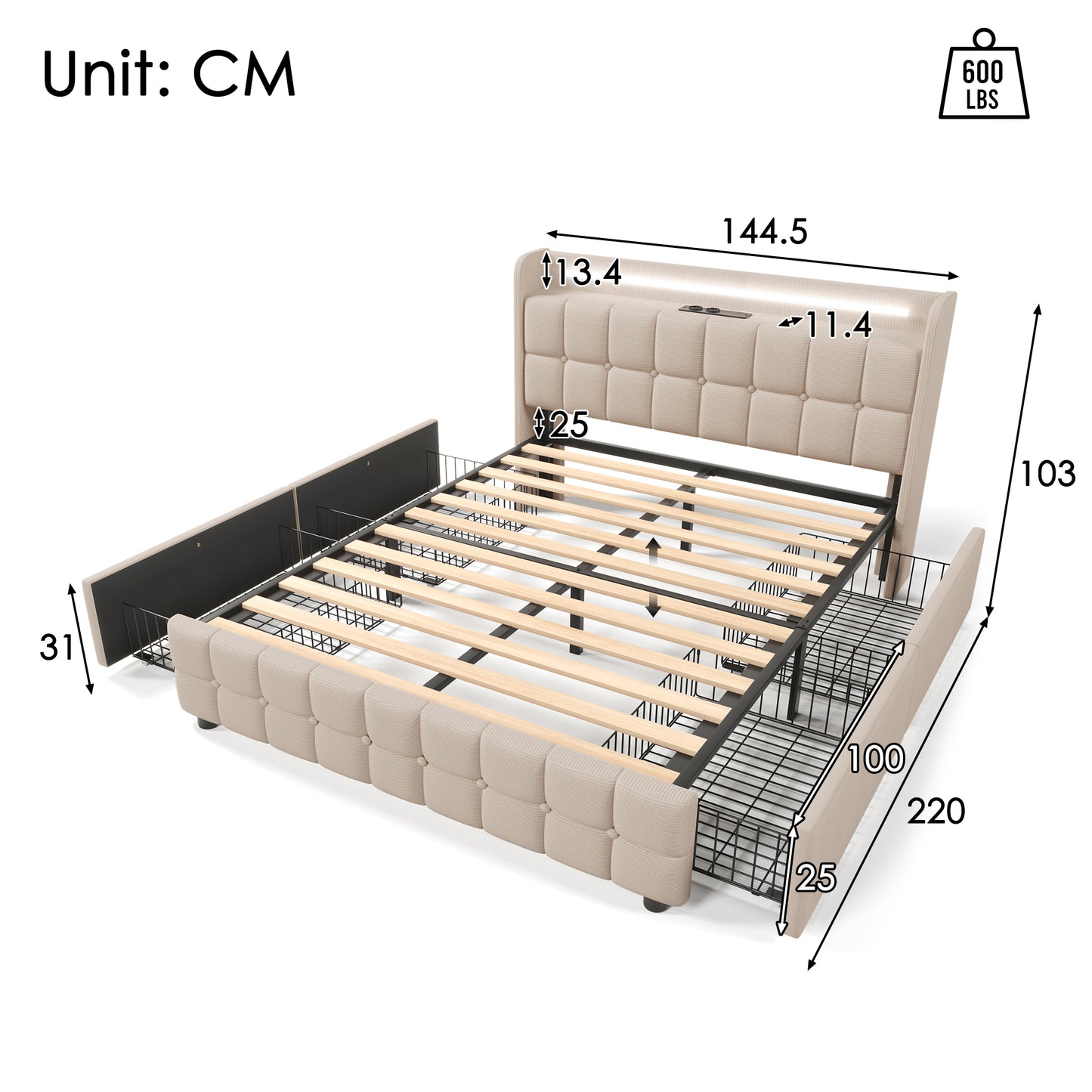 Upholstered Bed With Charging, USB Charging Function, Headboard And LED Lighting And 4 Drawers, Double Bed 140x200cm, Storage Beds, Bed Frame, Wooden Slatted Base, Beige  Without Mattress
