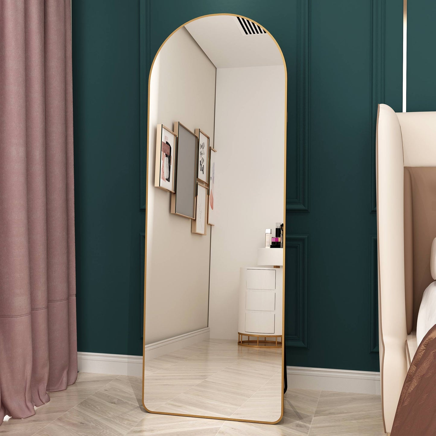 The 4st Generation Of Floor Mounted Full Length Mirrors. Aluminum Alloy Metal Frame Arched Wall Mirror, Bathroom Makeup Mirror, Bedroom Porch, Clothing Store.Gold Frame.64.9 Inx 23.2in