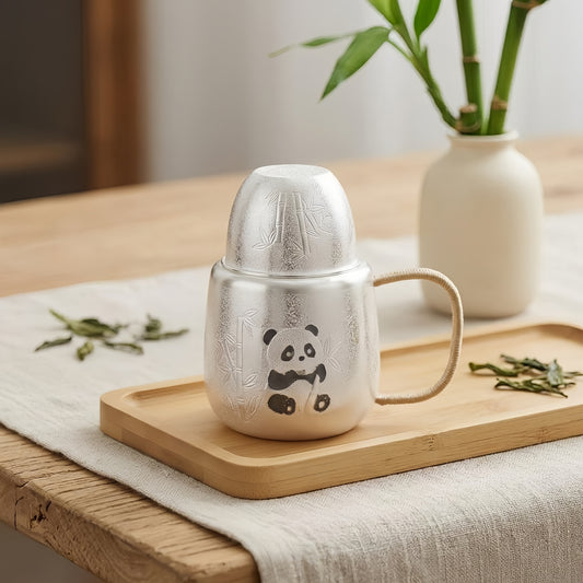 925 Sterling Silver Exquisite Silver Panda and Bamboo Tea Mug with Woven Handle and Matching Lid - Handicraft