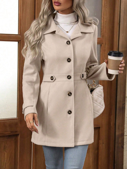 Women's Solid Color Wool Blend Coat, Fashion Lapel Button Up Casual Elegant Overcoat For Autumn