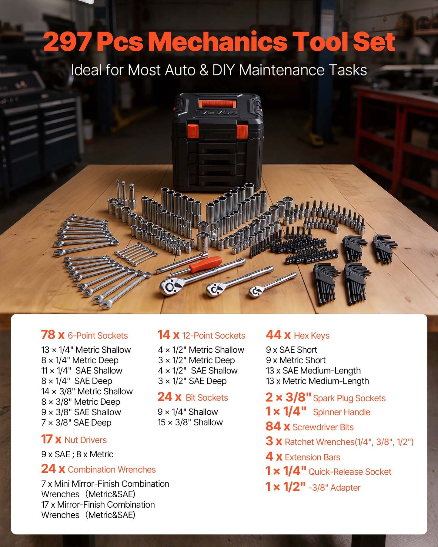 Mechanics Tool Set, 297-Piece Mechanic Tool Kit, 1/4 In, 3/8 In, And 1/2 In Drive, SAE And Metric Socket Set, Wrenches, Screwdriver Bits, Accessories, And Storage Case, For Automotive Repair