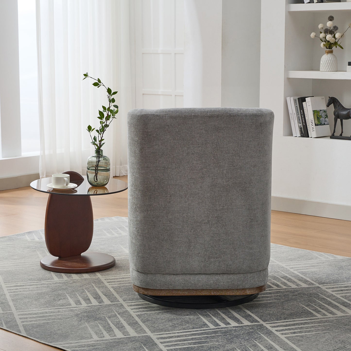 25.2  Wide Modern Chenille Cushioned Armless Metal Base 360 Swivel Chair With Pillow, Suitable For Living Room, Family Room, Bedroom, Lounge Area, Office.  Grey
