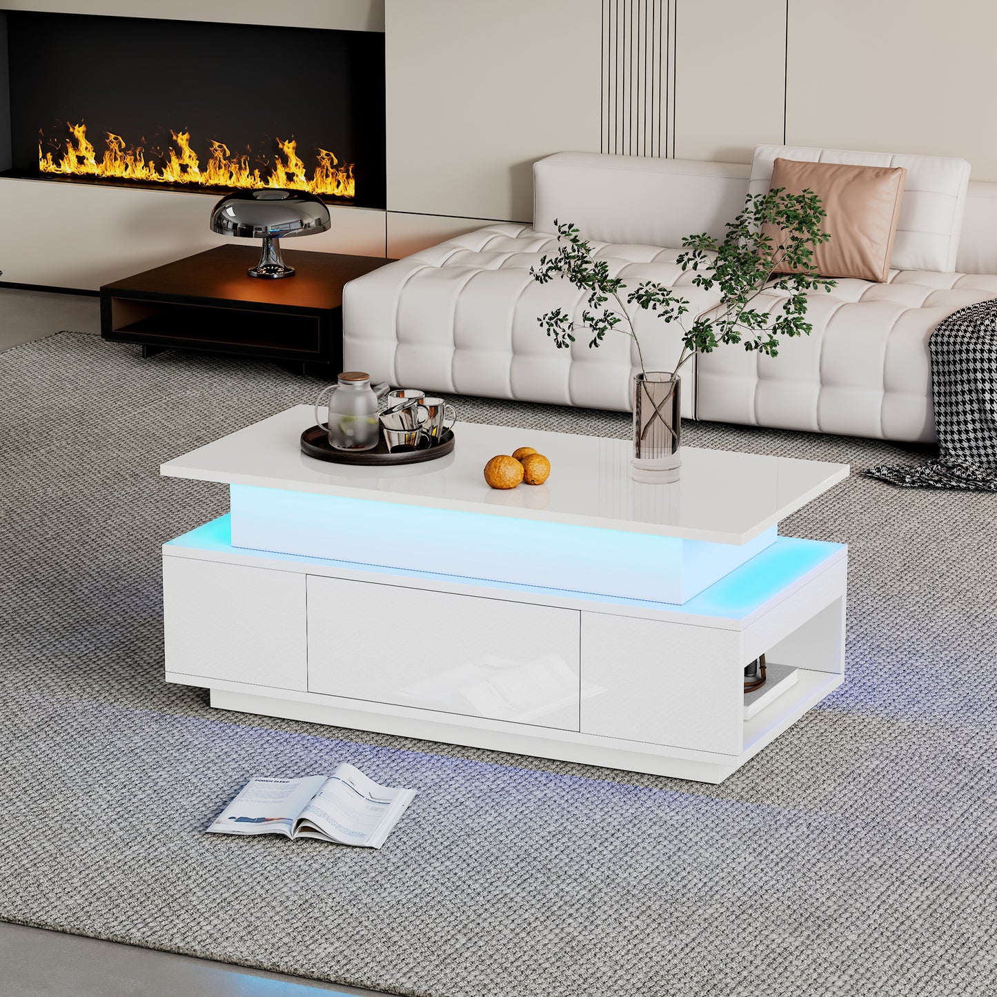 Height Adjustable Coffee Table With Hidden Storage And Drawer, 96x45x40cm High Gloss Living Room Table, LED Sofa Table, Suitable For Office, Study, Party, White