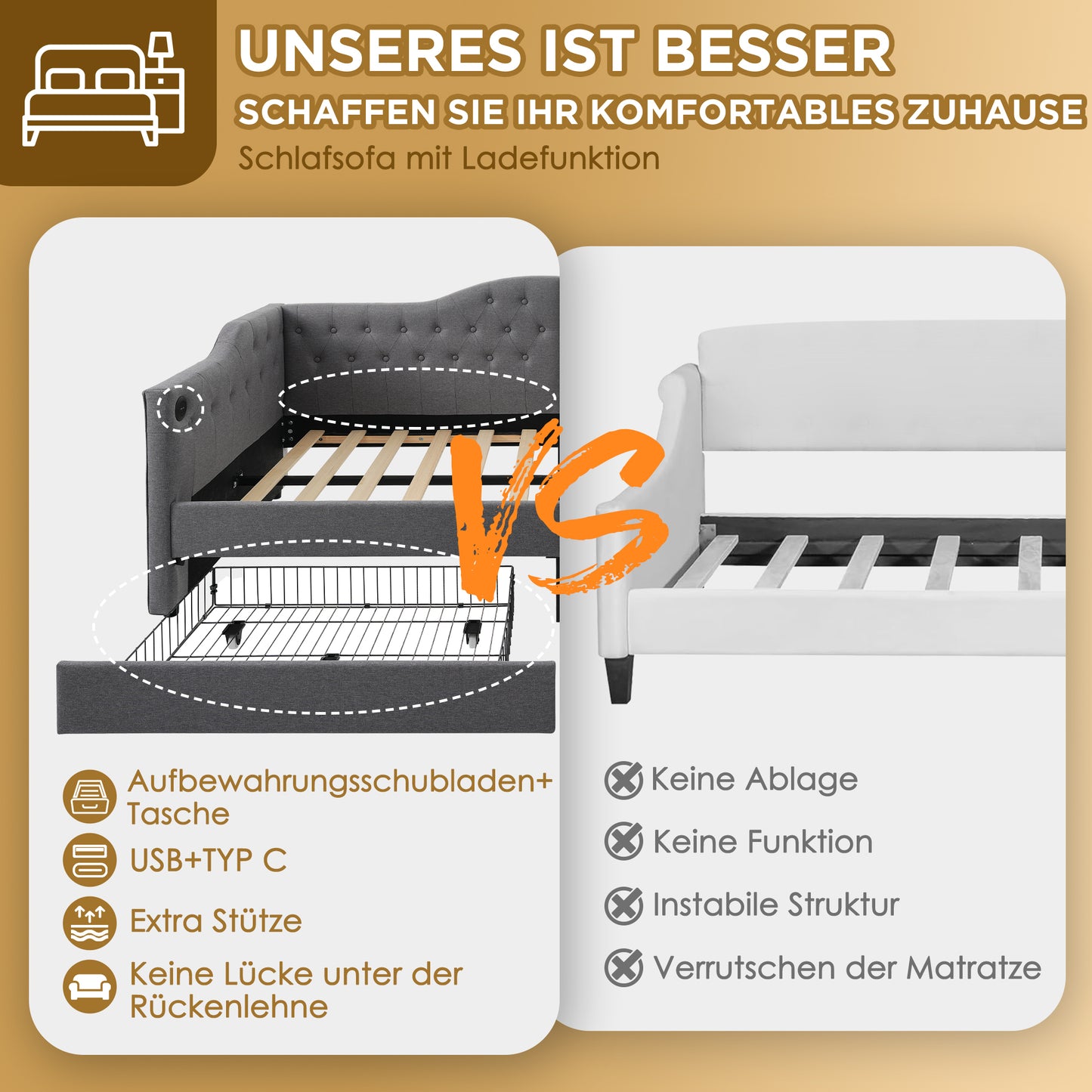 Upholstered Bed Daybed Sofa Bed Storage Beds Bed Frame With USB Type C Charging And 2 Drawers 90x190cm In Grey Linen  Without Mattress