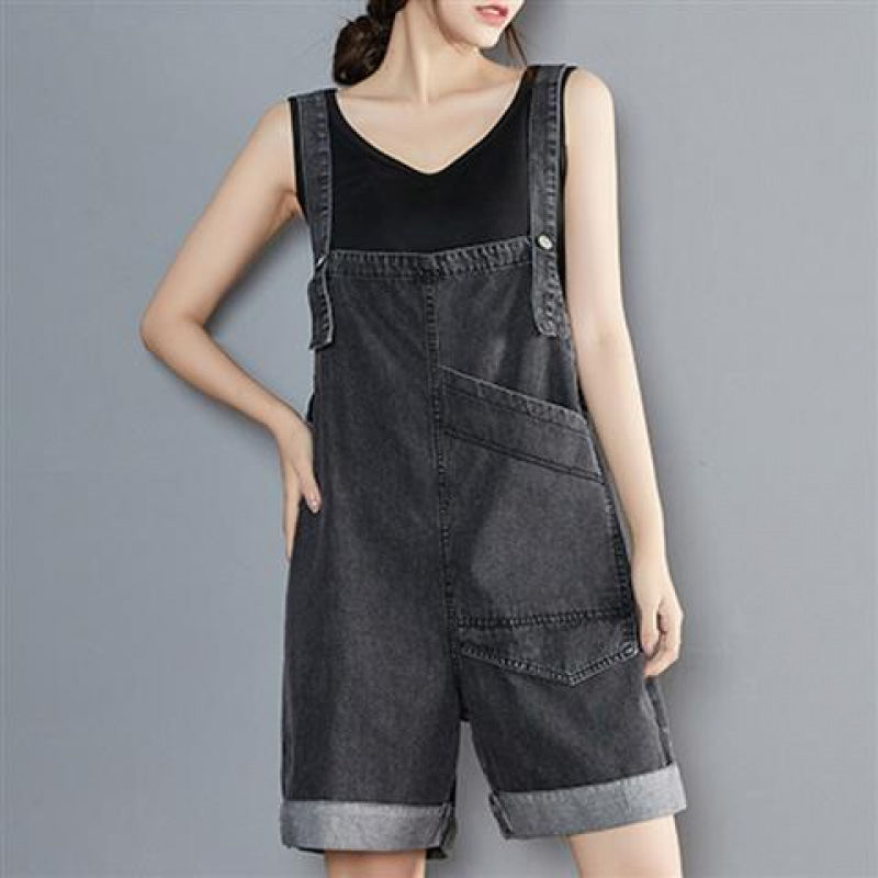 Womens Denim Overalls Summer Loose-Fit Korean-Style Cropped Pants