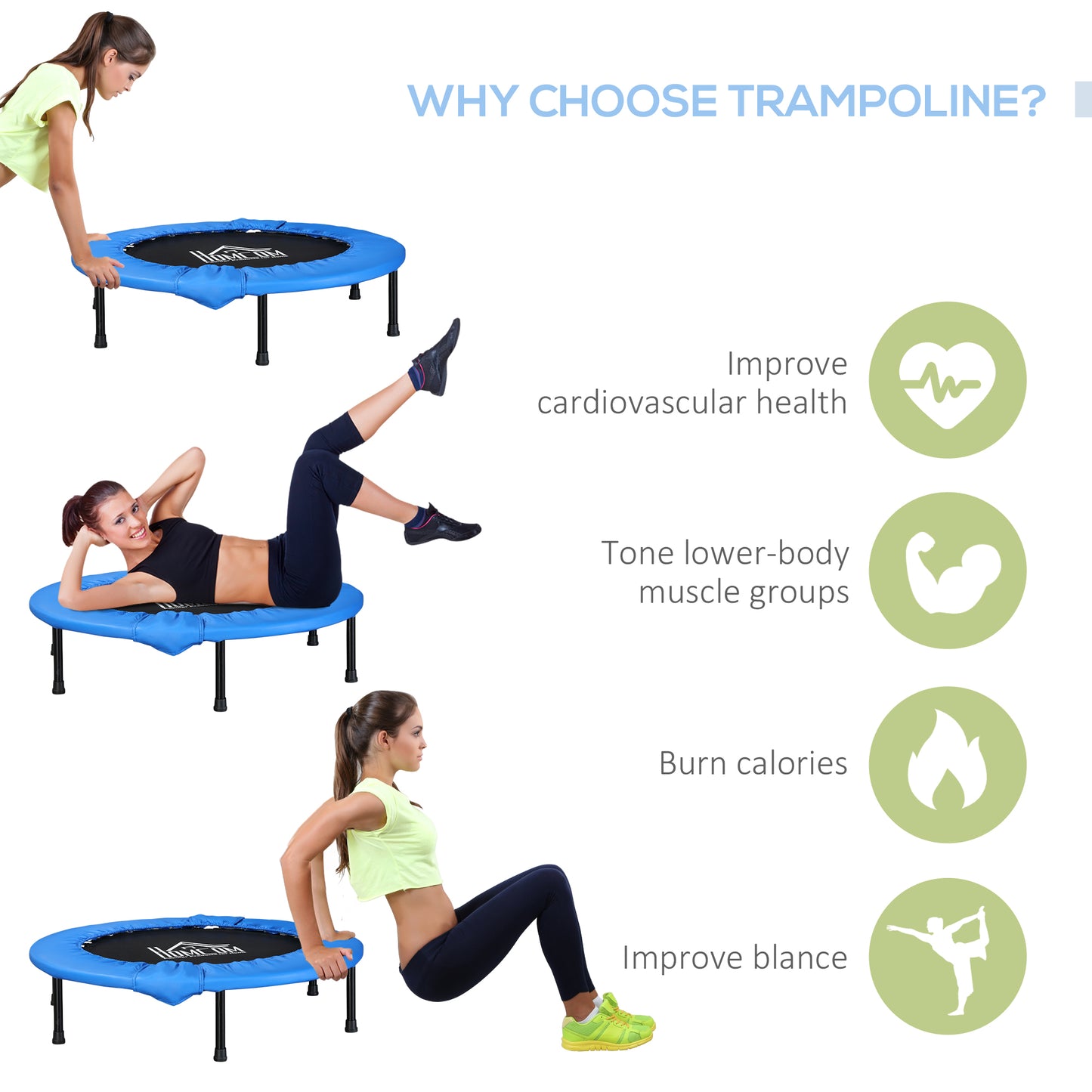 38" Mini Fitness Trampoline Home Gym Yoga Exercise Rebounder Indoor Outdoor Jumper With Safety Pad, Support Up To 150 KG, Blue And Black