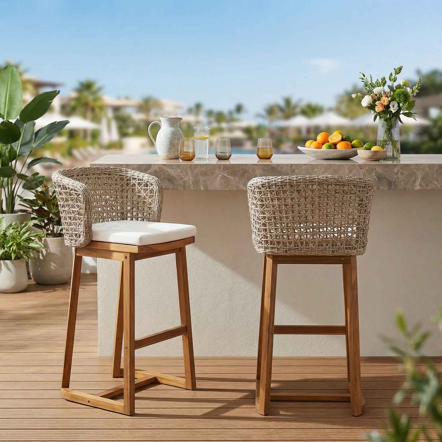 Outdoor Acacia Wood Bar Stools  Set Of 2 , Teak Finish Bar Height Chairs With Beige Cushion & Light Brown Wicker Back, Counter Height Stools For Patio, Poolside, Kitchen Island