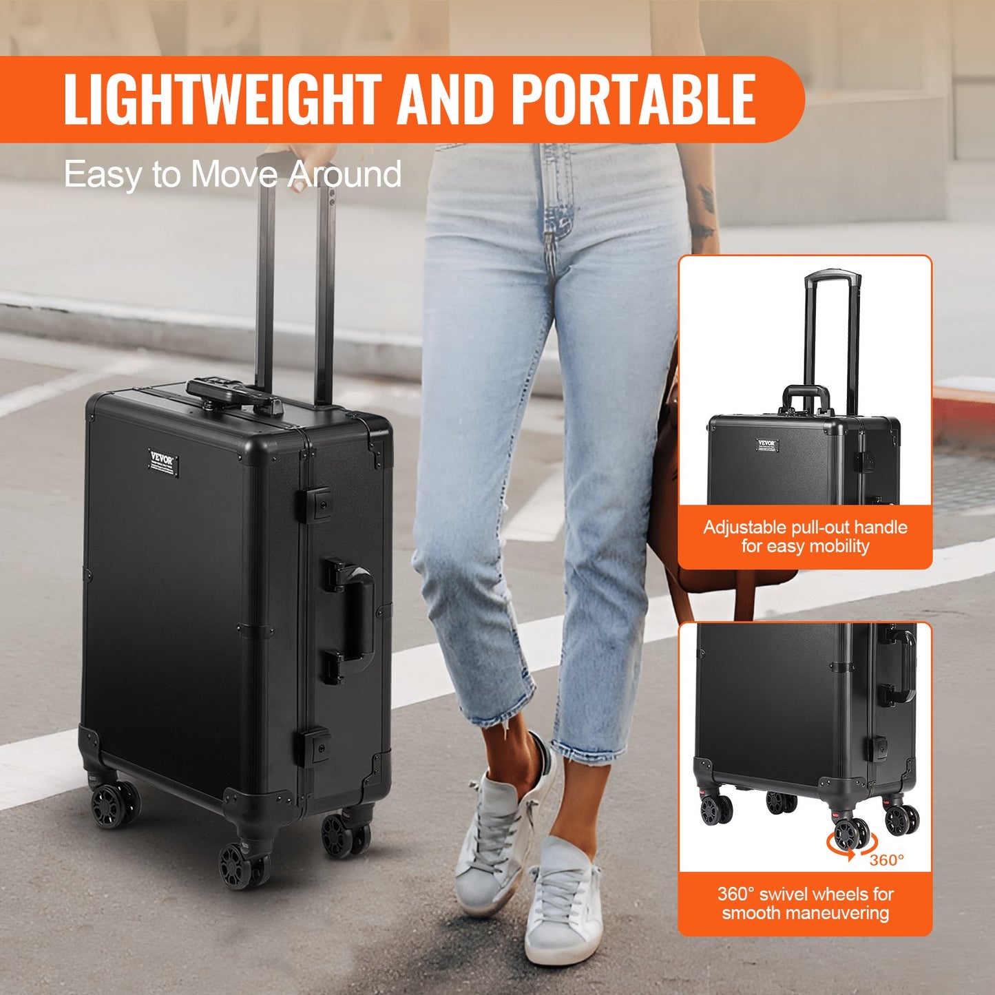Makeup Train Case With Lock, Lighted Mirror, 4 Storage Trays, Brush Holder, Travel Cosmetic Organizer Box W/ Swivel Wheels, Professional Artist Trolley Studio Free Standing Case