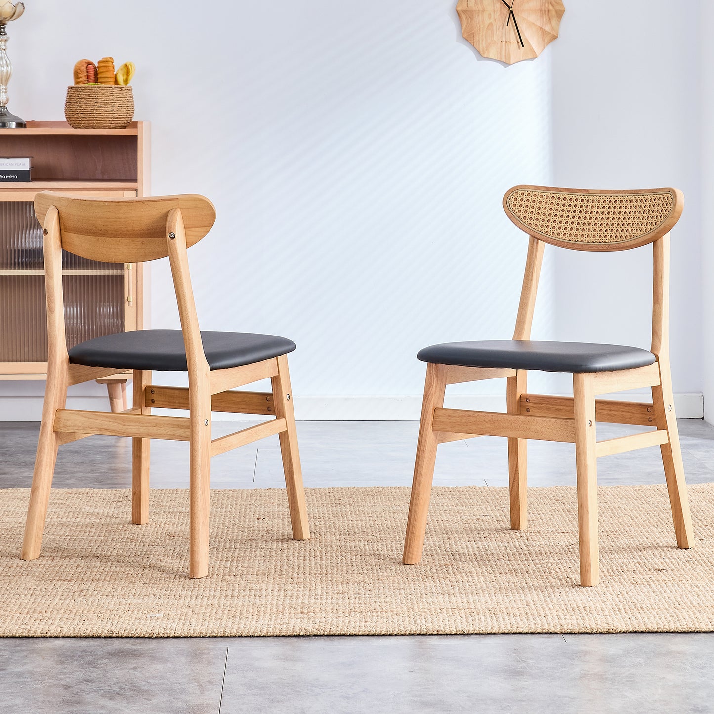 2-piece Set, Dining Chair With Solid Wood Backrest In Rattan, Individual Piece, Ergonomic Kitchen Chair With Cushioned Seat,Scandinavian Style