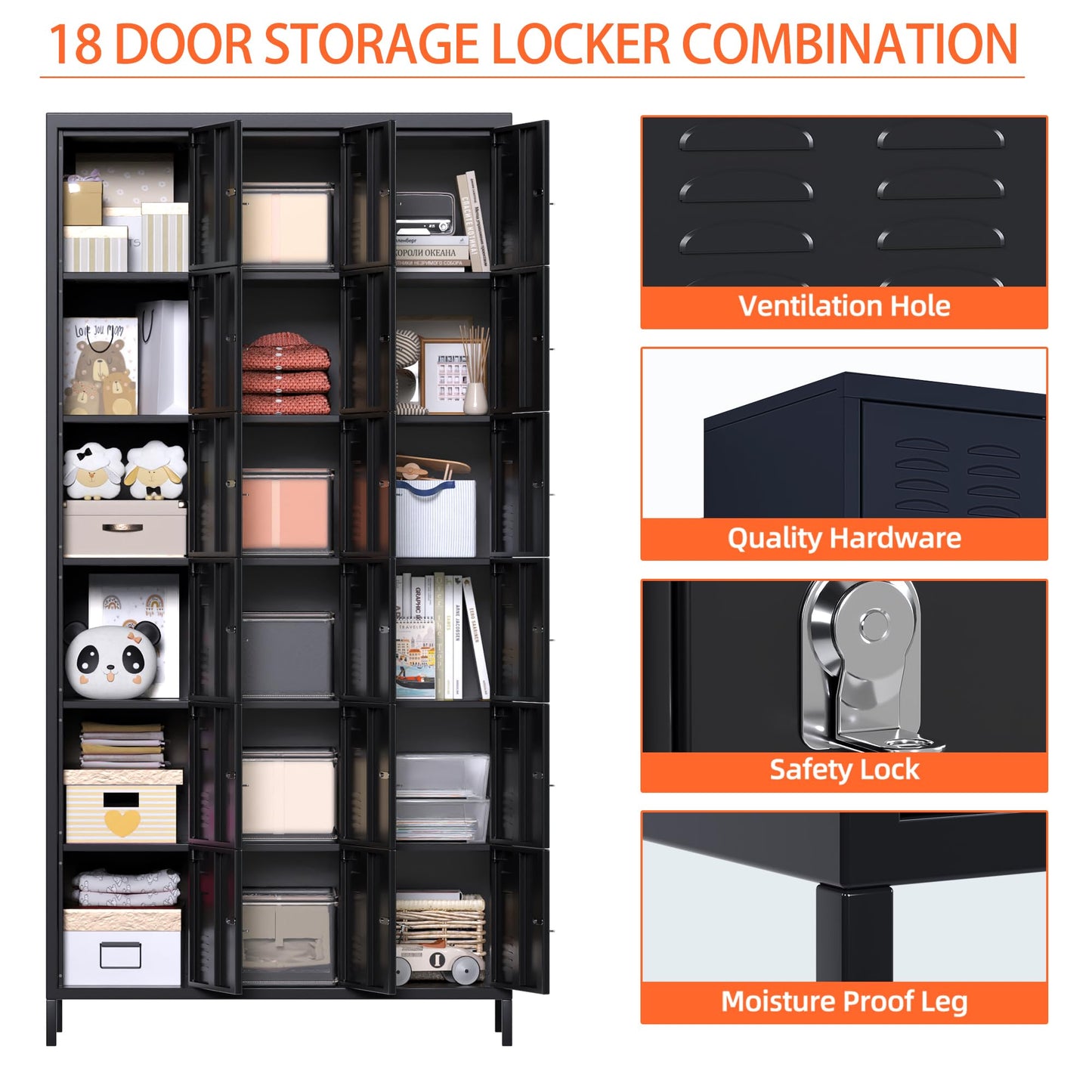 Lockers For Employees, 18 Doors Metal Storage Locker With Card Slot And Ventilation Holes For Office Home School Gym Garage, Black, Assembly Required