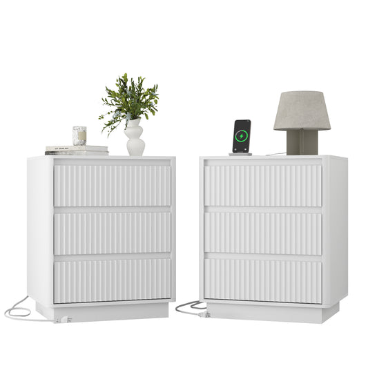 Set Of 2 End Table With Fast USB C Charging Station, Sofa Side Table With 3Drawers, Large Storage Modern Wood Storage Cabinet For Living Room,Bedroom,Office, White