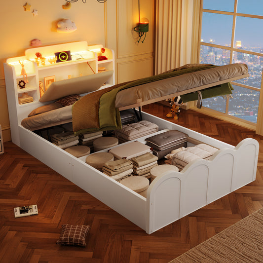 Panel Bed, 90x200 Cm, Hydraulic, With USB Type-C Charging, LED Lighting, Push-button App, Without Mattress, Flip-top Storage Compartment, Multifunctional Storage, White