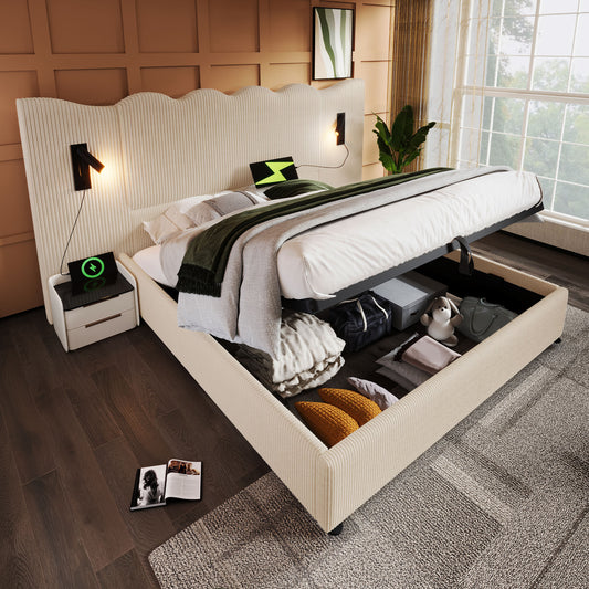 Upholstered Bed Double Bed 180x200 With Reading Lamp And USB Type-C Charging Function, Storage Bed Frame With Slatted Frame Made Of Solid Wood And Metal, Beige-white, Corduroy Fabric  Without Mattress