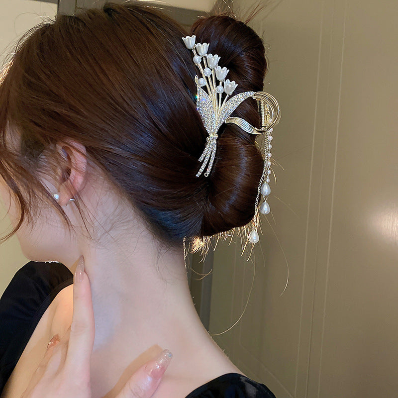 Diamond-encrusted Pearl Wheat-spike Lily-of-the-valley Tassel Hair Clip
