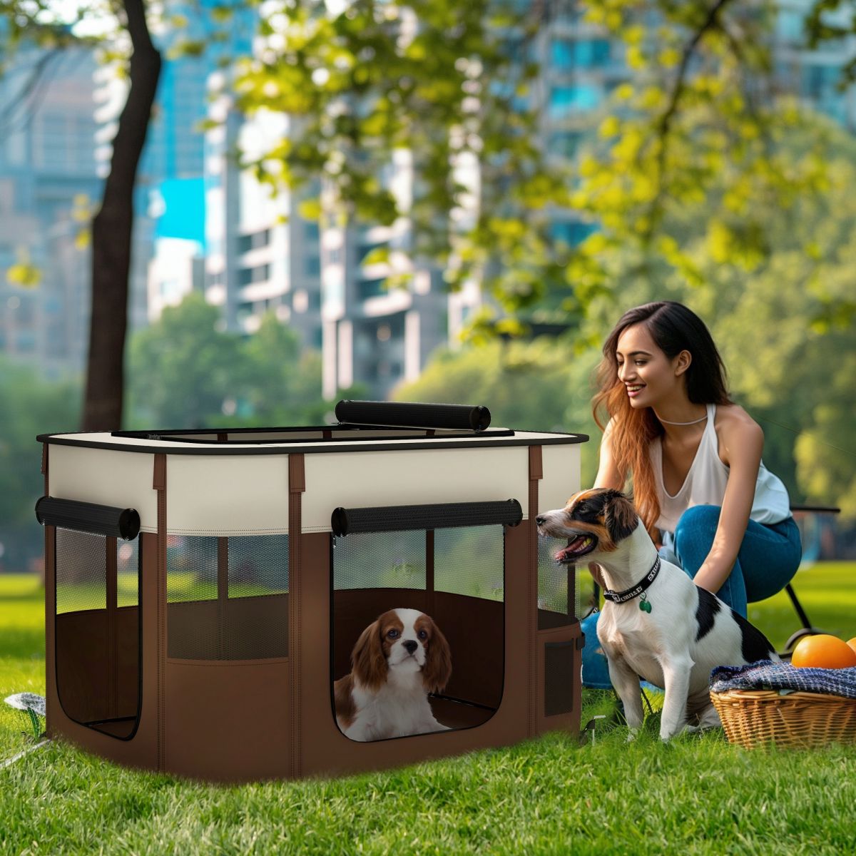 PawHut Foldable Dog Pen With Storage Bag For Indoor/Outdoor Use, Portable Pet Playpen, With Ground Stakes - Brown