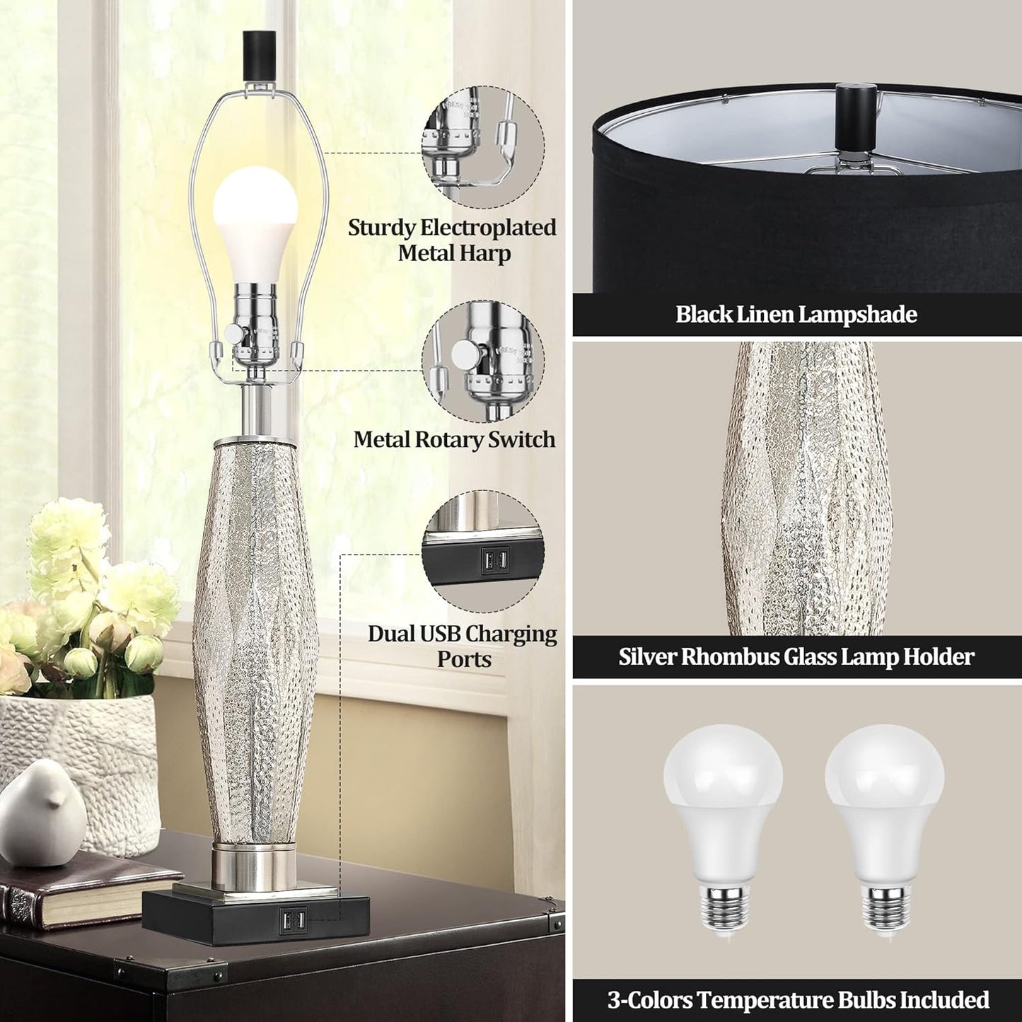 Table Lamps Set Of 2, Bedroom Lamp With USB A C Charging Ports, Modern Glass Beside Lamps For Living Room Rotary Switches, Black Nightstand Lamp Home Lights Decor  LED Bulbs Included