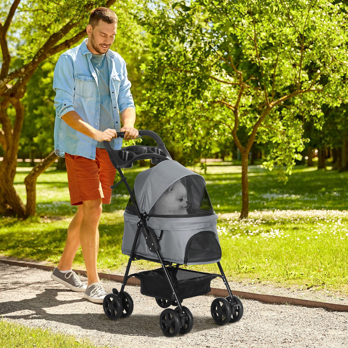 PawHut Dog Pram Dog Stroller Foldable Pet Pushchair With 4 Wheels, Safety Leashes, Cup Holder For Small Dogs, Grey