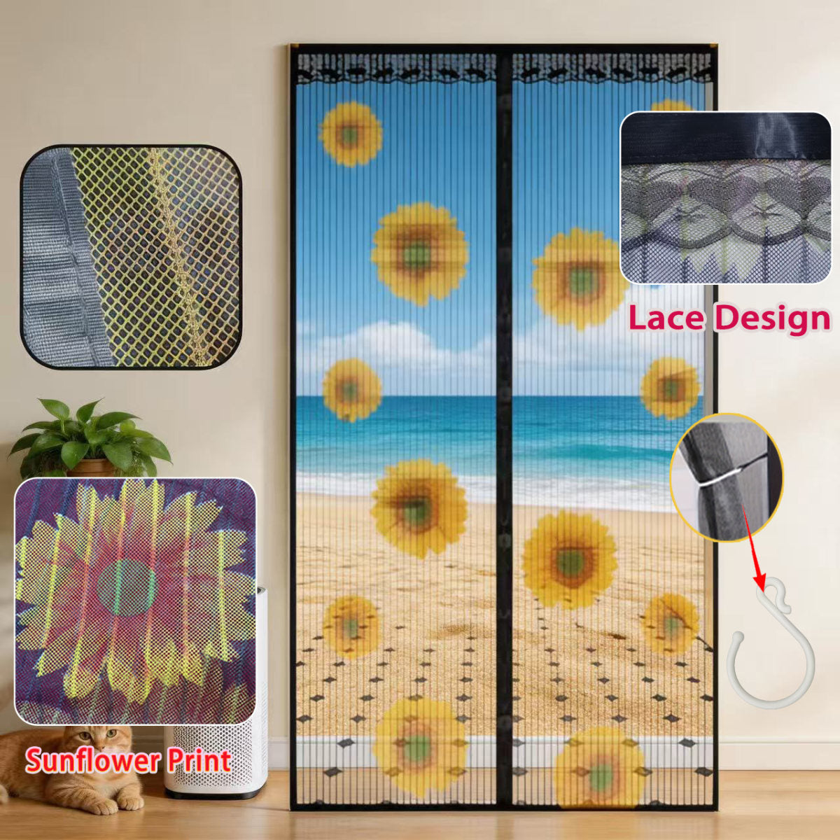 Magnetic Screen Door, Sunflower Print Mesh Curtain With Lace Edge, Hands-Free Self-Closing Insect Mosquito Net, Keep Bugs Out Pet Friendly, Fits Single Door For Home Patio Kitchen Doorway