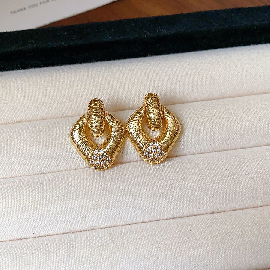 Diamond Studded Rhombus Geometric Earrings, Luxury Chic Women's Fashion Jewelry