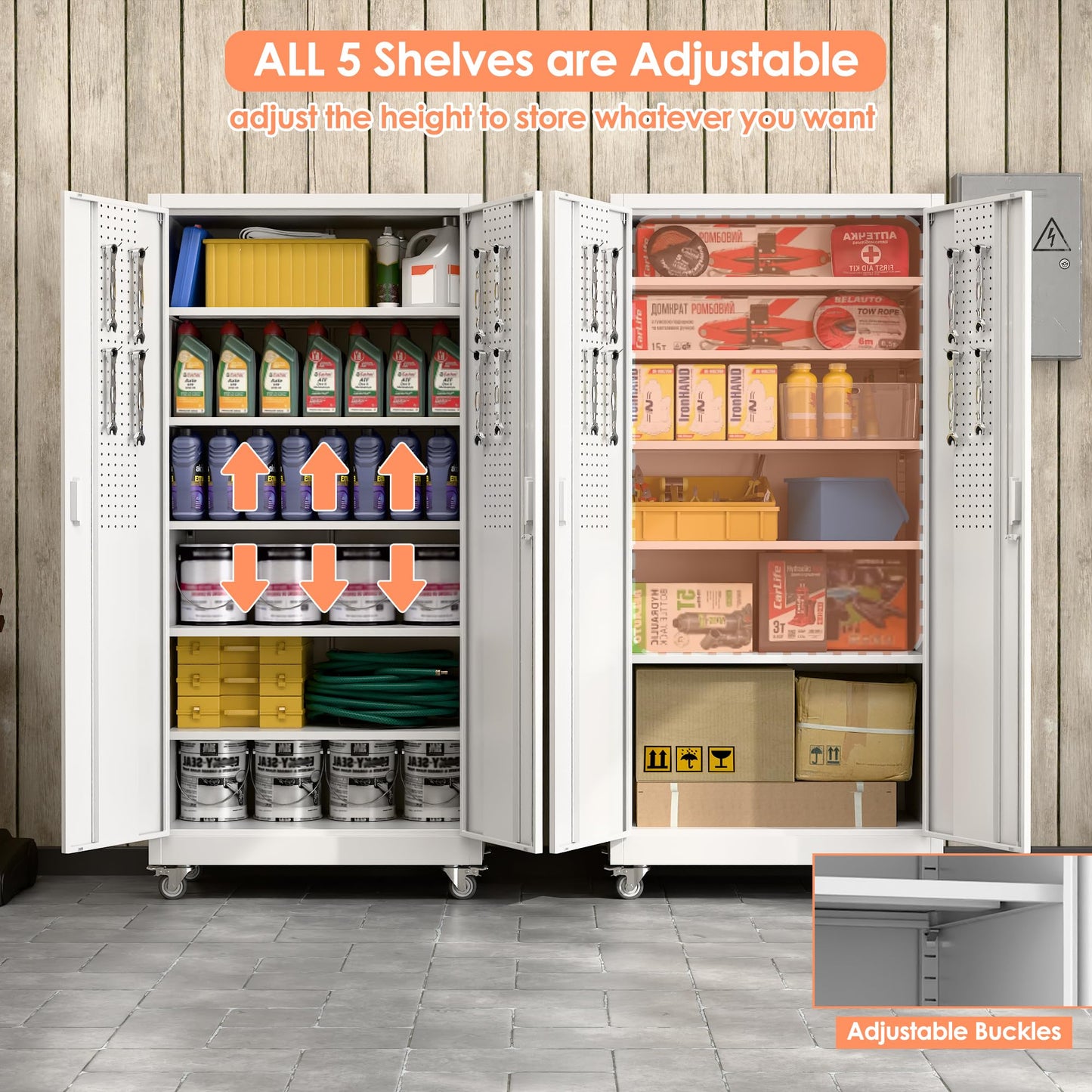 Aobabo Metal Storage Cabinet With Wheels, Steel Locking Cabinet With Pegboard Doors, Garage Cabinet For Office Pantry, 5 Adjustable Shelves White