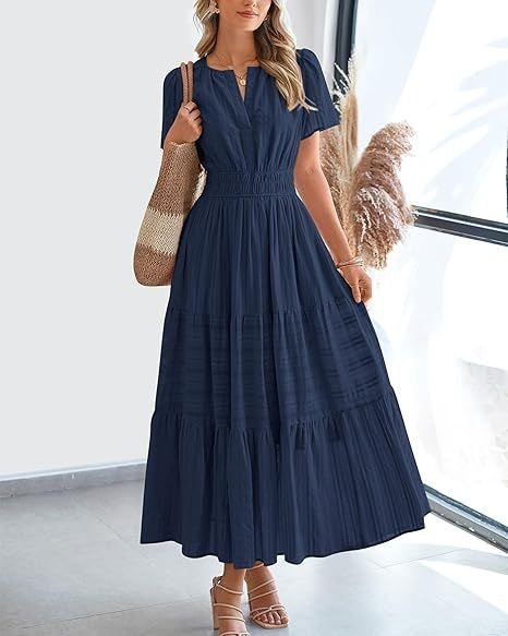 Spring Summer New Arrival Women's Dress, Fashion V-Neck Ruched Puff Sleeve Tiered Swing Dress