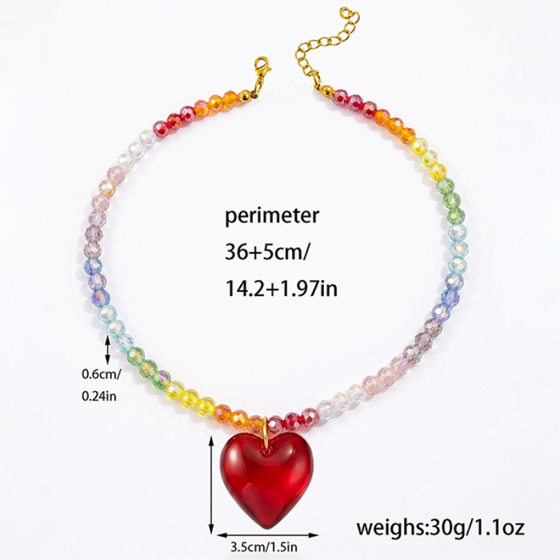 Rainbow Glass Bead Choker Necklace For Women, Stainless Steel Adjustable Chain With Chunky Red Glass Heart Pendant, Colorful Summer Jewelry Gift