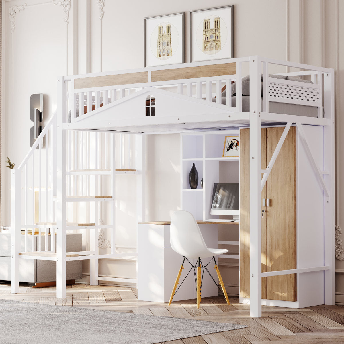 Metal Loft Bed 90 X 200 Cm, Unique Safety Border With Window, With Safety Ladder, Enough Space Under The Bed For Free Fabric Cover, White, Old SKU LDT00276AAK