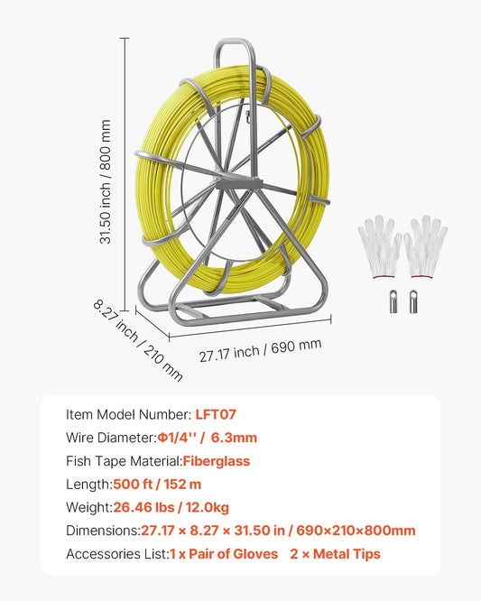 Fish Tape Fiberglass, 500FT 6.3MM, Duct Rodder Fishtape Wire Puller With Stand, 1/4-Inch Cable Running Rod, Marked Every 5 Feet, Fishing Tools For Walls And Electrical Conduit, Non-Conductive