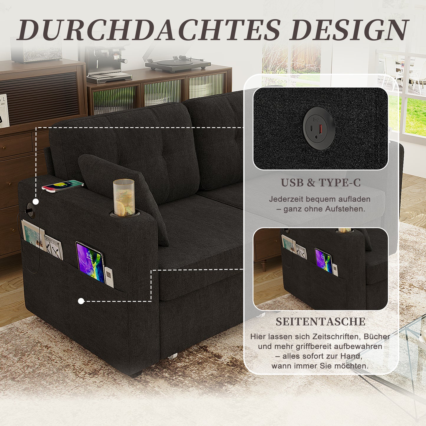 Two-seater Sofa With Two Storage Drawers And USB Charging Ports, With Cup Holders And Side Pockets, Equipped With Hidden Storage Compartments. Suitable For Living Rooms, Apartments And Reading Corners