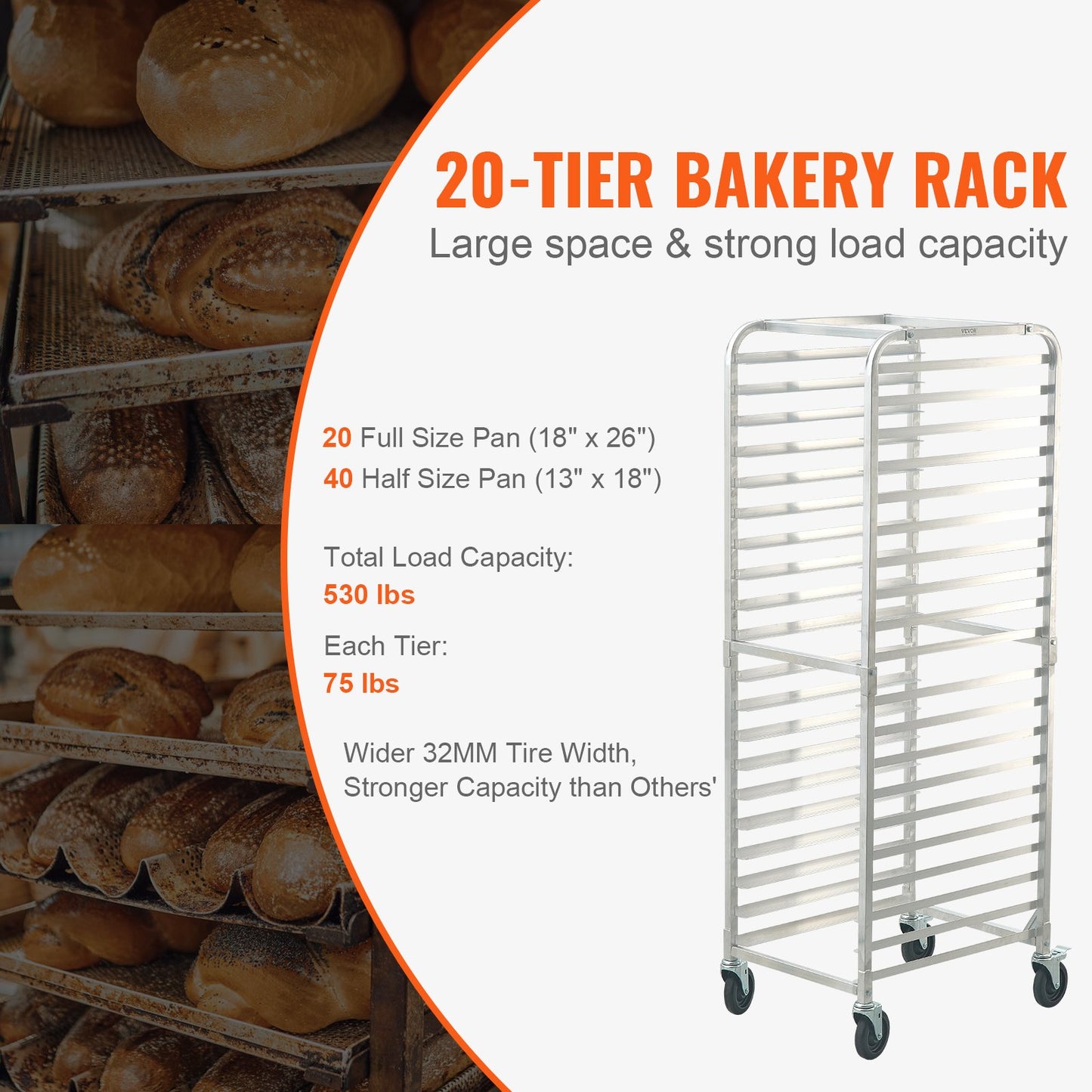 Bun Pan Rack, 20-Tier Commercial Bakery Racks With Brake Wheels, Aluminum Racking Trolley Storage For Half & Full Sheet, Speed Rack For Kitchen Home, Bread Baking Equipment, 26'L X 20.4'W X 70'H