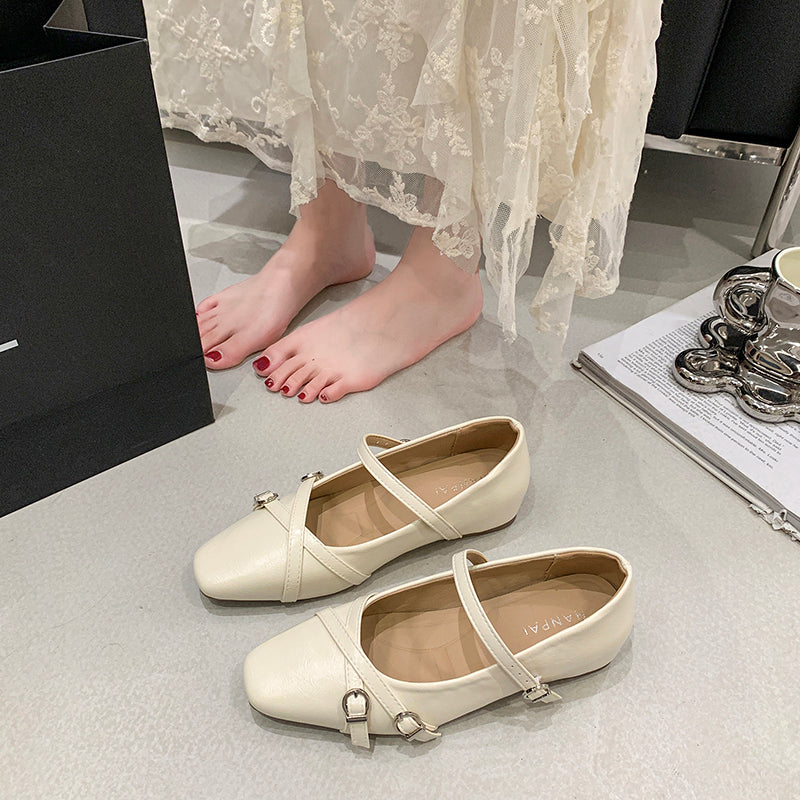 2026 Spring Summer New Women's French Square Toe Mary Jane Flats With Hidden Heel, Elegant Silver Single Shoes With Single Strap Buckle