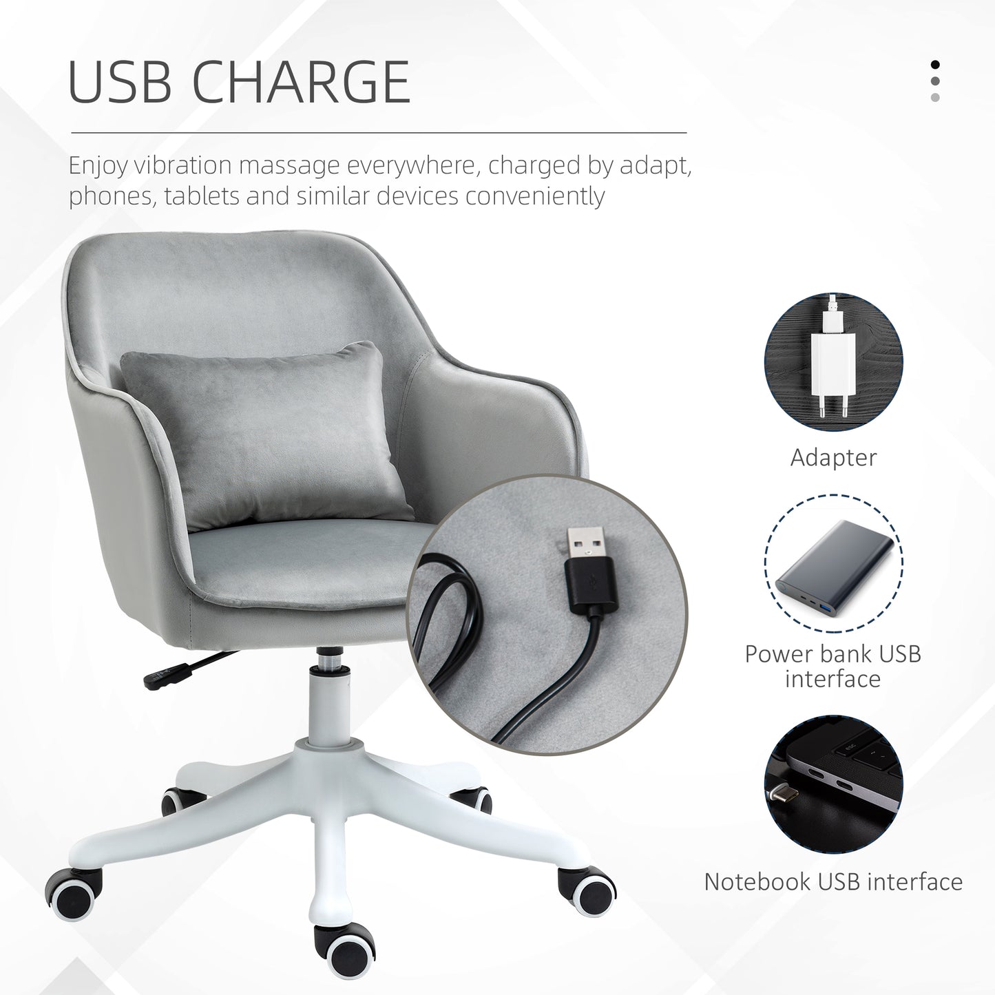 Vinsetto Velvet Office Chair, Desk Chair, Makeup Vanity Chair With Massage Lumbar Pillow And Rolling Wheels For Bedroom And Home, Grey