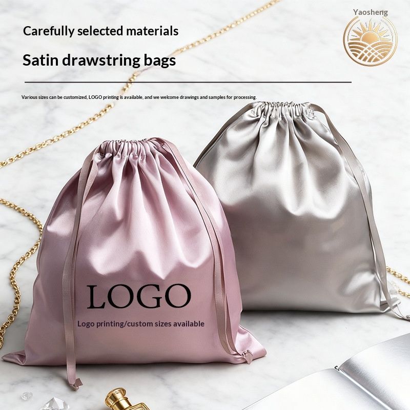 Satin Drawstring Pouch With Double Cords, Faux Silk Storage Bag