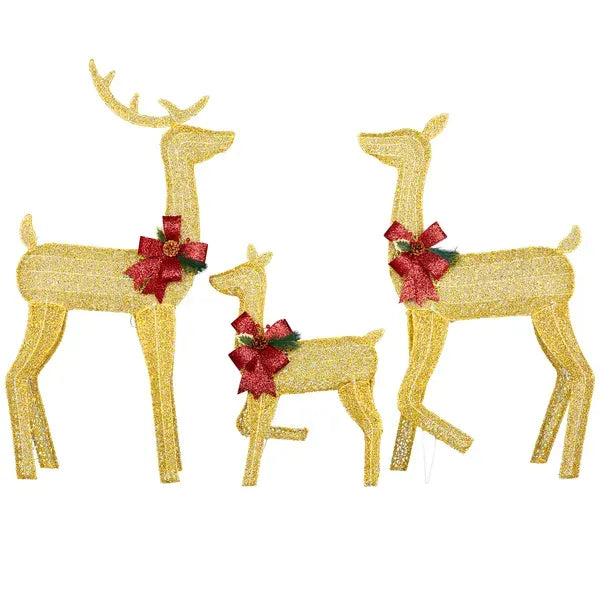 3-Piece Lighted Christmas Reindeer Family Set Outdoor Decorations, Weather Proof 2D Deer Family Set Of 3 Christmas Ornament Home Decor Pre-lit 200 LED Warm White Lights With Stakes, Golden