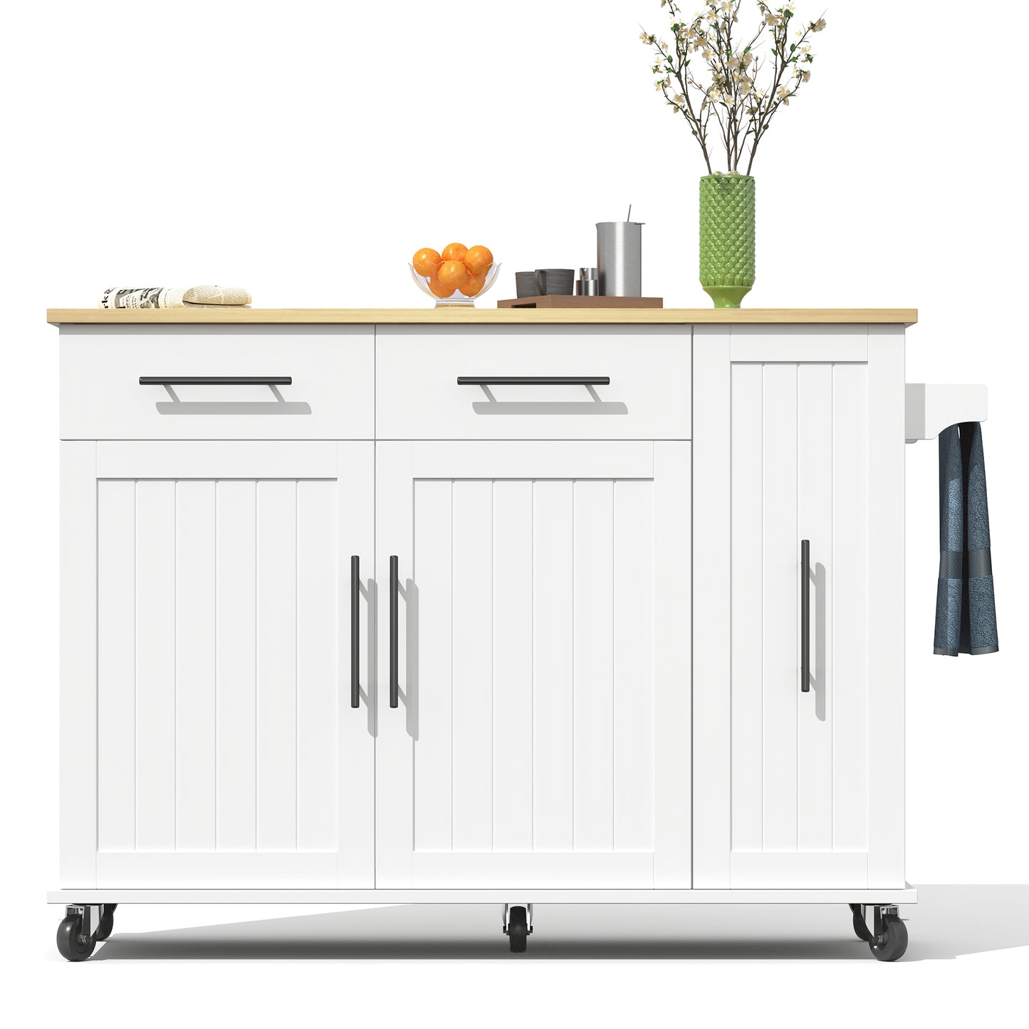 Kitchen Island With Drop Leaf, Storage Cart With 3 Tier Pull Out Cabinet Organizer, Internal Storage Rack, Rolling Cart On Wheels With Towel Bar & 2 Drawers For Dining Room, White