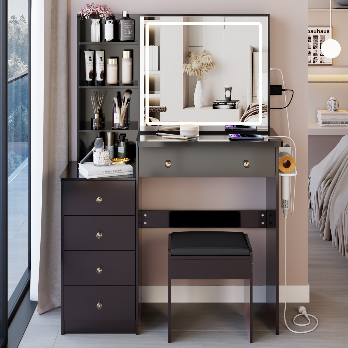 37 Middle Size Left Bedside Cabinet Vanity Table  Cushioned Stool Dresser Set, 2 AC -2 USB Socket, Hair Dryer Stand, Large Touch Control LED Sliding Mirror, 3-color Switch, EPA, GCC, UL Certificate