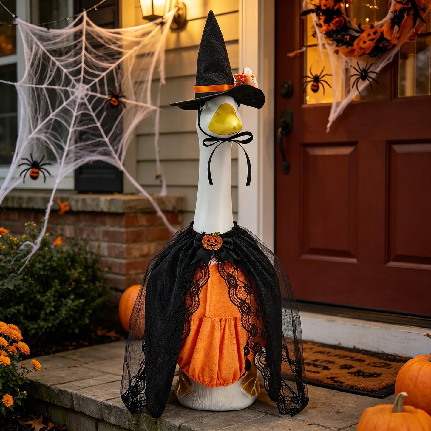 Halloween Porch Goose Outfits, Pumpkin Witch Black Cat Dress With Hat For 23'' Lawn Cement Plastic Goose Cute Porch Goose Outfit For Outdoor Garden Yard Decor