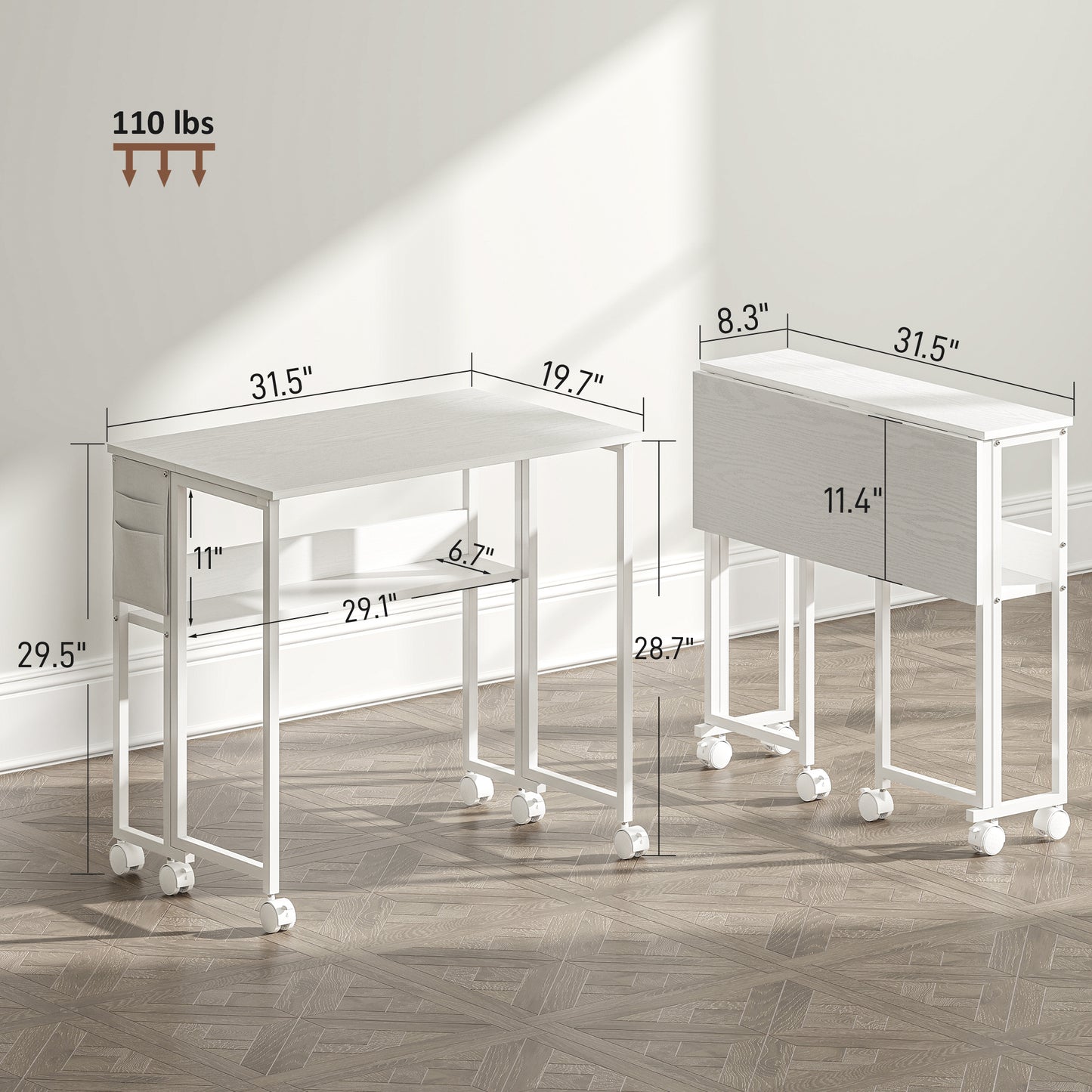 Folding Computer Desk, Foldable Desk with Storage Bag, Shelf and Wheels for Small Spaces, Home Office, White