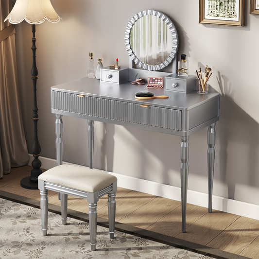Luxury Vanity Desk With Round Mirror,Height-Adjustable, Stylish Dressing Table Set, 4 Drawers & Stool, Silver