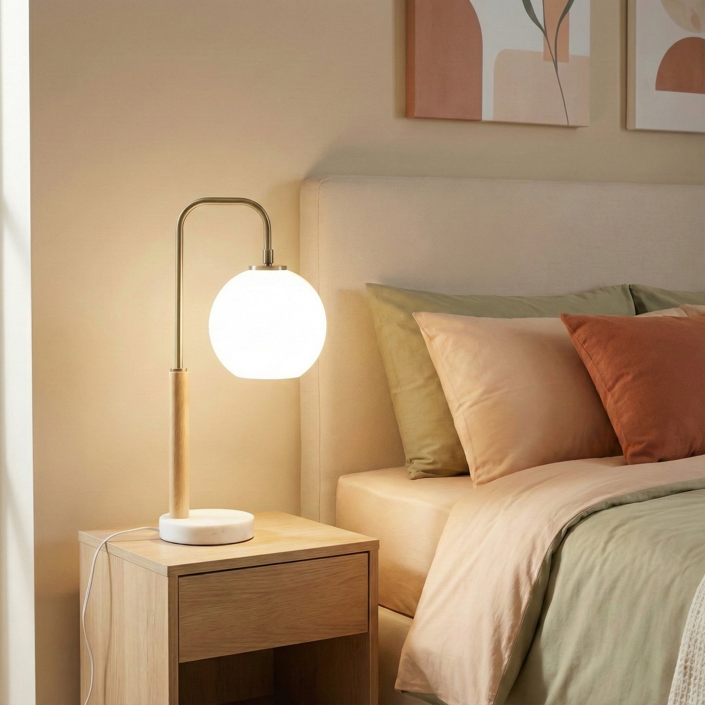 Bedroom Table Lamp Nordic Home Creative Romantic Warm Marble Study Room Desk Bedside Lamp, Auris White Globe Lampshade Table Lamp With Marble Base 110V