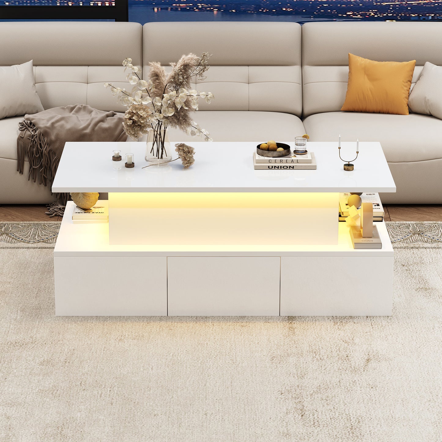 Liftable Coffee Table With 4 Drawers, High-gloss Side Table With LED Lighting, Sofa Table, Coffee Table, Living Room Table With Hidden Storage, White, MDF