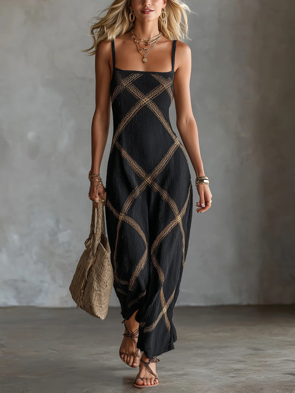 New Arrival Printe  Striped And Solid-color Strap Dress