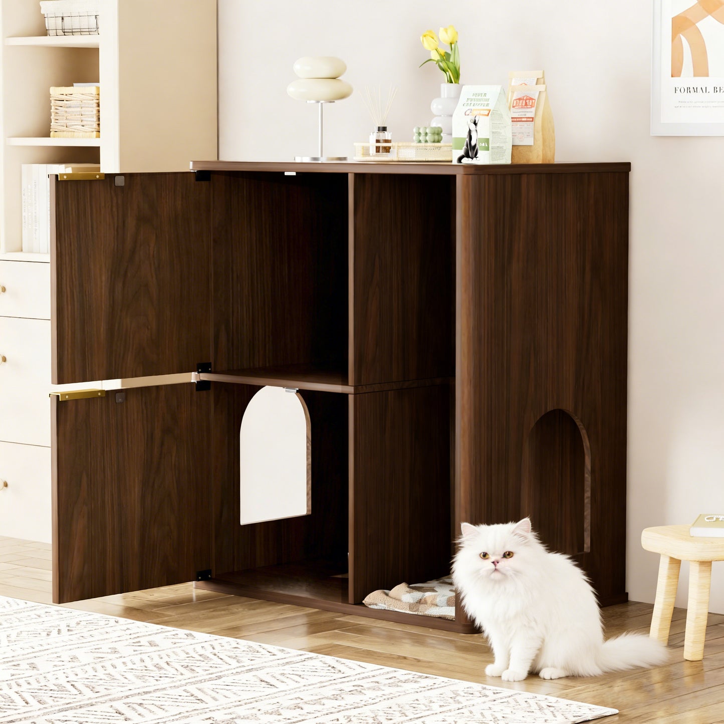 31.5-inch Walnut Cat Litter Cabinet With Cat Tree - Grooved Concealed Litter Furniture Featuring Dual Cat Doors And Storage Shelves, Versatile Pet Cabinet For Living Rooms Or Bedrooms